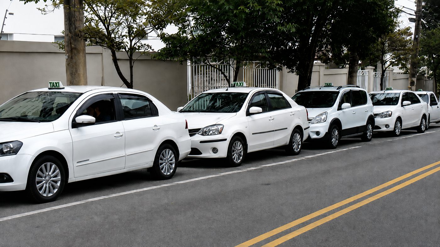 Fila de táxis brancos da Rádio Táxi Ligação estacionados em rua de São Paulo
